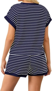 Rear view of striped women's casual summer set featuring navy and white t-shirt and shorts