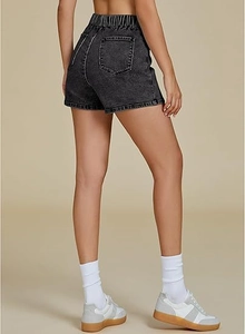 Detail view showing high-waisted back design and pockets of washed dark grey denim shorts