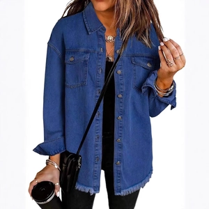 Women's dark blue frayed hem denim jacket with flap pockets and a loose fit style