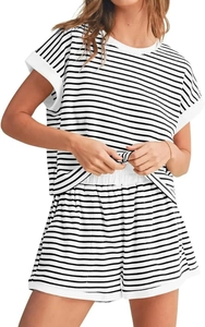 Detail of waffle knit fabric and striped texture on summer casual lounge set for women