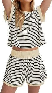Close-up of waffle knit texture on striped two-piece lounge set with elastic waistband
