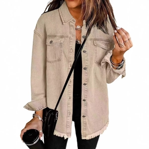 Women's oversized khaki denim jacket with frayed hems and buttoned pockets