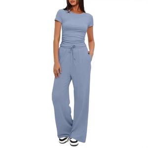 Damen 2-Teiler Freizeit-Set mit kurzärmligem T-Shirt und weitem Bein in Graublau-Optik