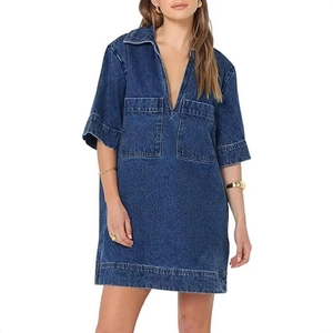 Women Casual Denim Mini Dress Washed Cotton V Neck Lapel Short Sleeve Shift Dress With Pockets Fashion Loose Fit Tunic Dress