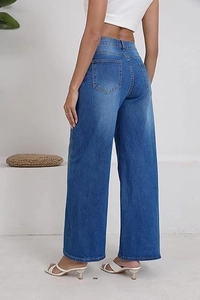 Detail view of high-waist wide-leg jeans with classic blue wash and back pockets
