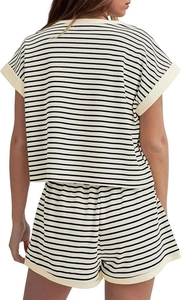Rear view of striped short-sleeve top and shorts set showing loose fit and curved hem