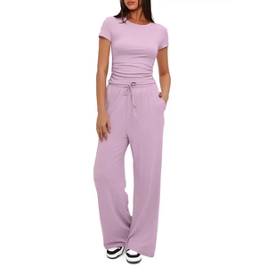 Damen-Set aus Lavendel mit gerafftem Kurzarm-Oberteil und weiten Hosen, zweiteiliger Look