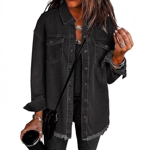 Oversized black denim jacket with distressed frayed hem and dual utility chest pockets