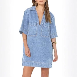 Short sleeve V-neck denim mini dress in light blue wash with front patch pockets