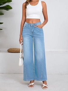 Detailed view of light blue wide-leg jeans with vertical topstitch decorative seams