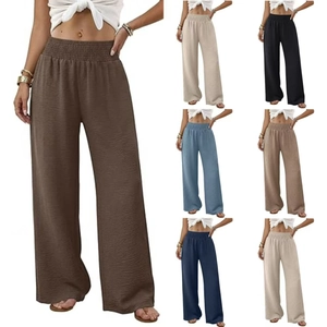 Damen Hohe Taille Weites Bein Hose Gesmockt Elastische Taille Texturierte Lässig Lockere Gerade Hose Für Urlaub Alltag