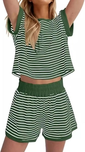 Detail of green striped crop top and high-waisted shorts set for summer sportswear