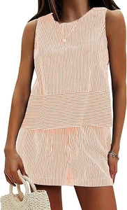 Detail of orange and white vertical striped sleeveless top and matching drawstring shorts