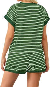 Detailed back view of striped short sleeve top and shorts set in waffle knit fabric