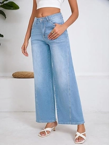 Detail of high-waisted light blue wide-leg jeans with vertical seam stitching details
