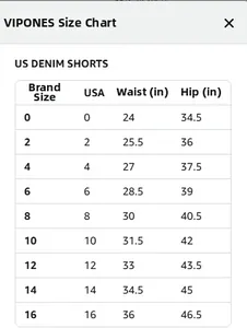 Size chart for women's high stretch denim shorts with waist and hip measurements