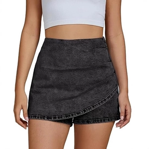 High waist dark grey washed denim skort with an asymmetrical wrap design and casual fit