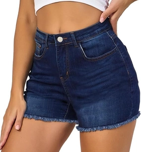 Detail of high waist denim shorts featuring raw frayed edges and deep blue wash texture