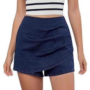 High waist dark blue ruched denim skort with wrap design and stretch fabric for women