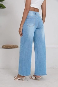 Macro view of light blue wide-leg denim jeans showing high-waisted back pocket details