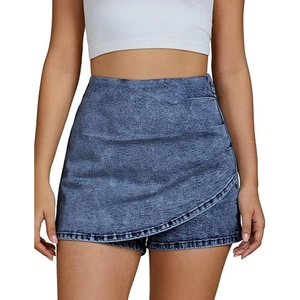 Women's vintage blue high-waisted denim skort with an asymmetrical wrap design