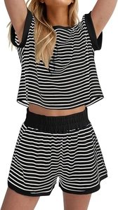 Detail of women's summer two-piece leisure set with black and white horizontal stripes