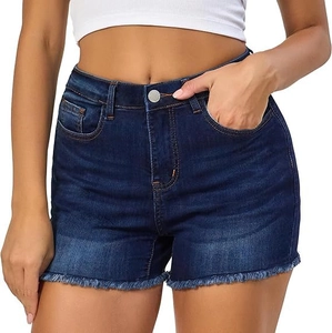 Women's high waist dark blue denim shorts with frayed hem and classic five-pocket design