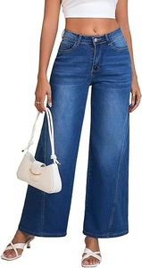 Close-up of high-waist wide-leg denim jeans in dark blue with vertical decorative stitching