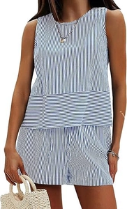 Detailed view of the vertical blue stripes and waist cut of the sleeveless summer two-piece set