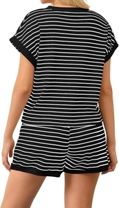 Rear view of striped short sleeve top and shorts lounge set with black contrast trim