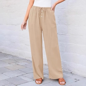 Casual damesbroek met wijde pijpen, hoge taille, trekkoord en decoratieve knopen