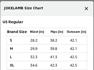 Size chart for women's wide leg jeans showing US regular waist and hip measurements