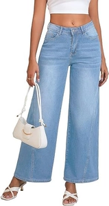 Macro shot of light blue wide-leg denim jeans featuring high waist and vintage wash details