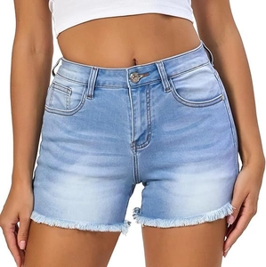 Women High Waisted Denim Shorts Frayed Hem Washed Cotton Denim Hot Pants Five Pockets Casual Summer Jeans Shorts