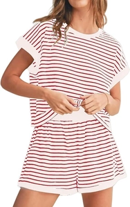 Detail of red and white striped two-piece summer loungewear with round neck and elastic waist