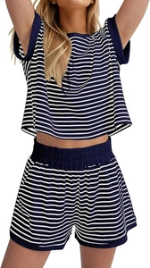 Detail of navy striped two-piece set featuring short-sleeved top and elastic waistband shorts