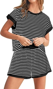 Detail of striped short-sleeve top and elastic shorts set for women in black and white