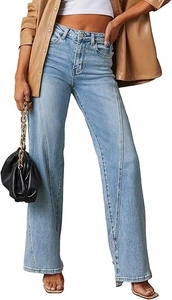 Fashionable high-waisted wide-leg jeans with unique diagonal patchwork design in light blue