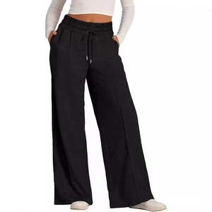 Pantalon large noir pour femme avec taille haute élastique, cordon et couture frontale