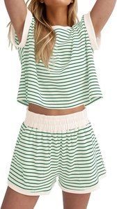 Close-up of ribbed texture on a white and green striped summer knit two-piece set
