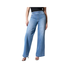 Women's light blue high waist wide leg jeans with front seam and elastic waistband