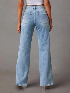 Detail showing the back pockets and high-waisted seam of light blue wide-leg denim jeans