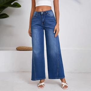 Women high waisted wide leg jeans in classic blue wash with loose fit stylish cut