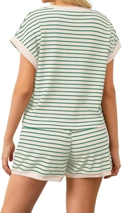 Back view of women's green and white striped casual two-piece lounge set with short sleeves