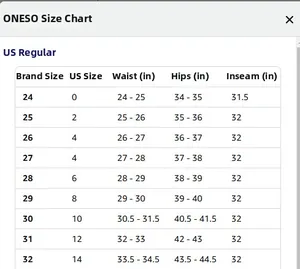 Guide des tailles US détaillé pour jeans extensibles avec mesures de taille et de hanches