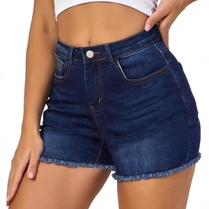 Women's high-waisted dark blue denim shorts with frayed hems and whiskered texture