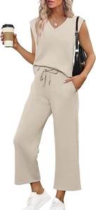 Detail of V-neck sleeveless top and drawstring wide-leg pants in textured beige fabric