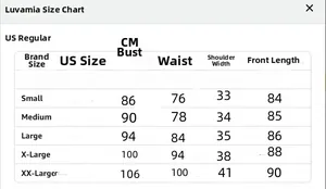 Size chart for sleeveless button-down denim dress with bust and waist measurements