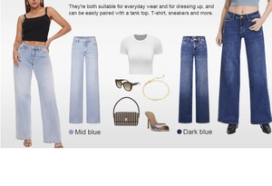 Vue détaillée du jean taille haute à jambes larges en délavages bleu moyen et bleu foncé