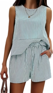 Close-up of blue and white striped sleeveless top with side pocket shorts set